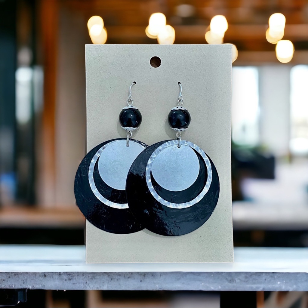 New In! Dangle Layered Lightweight Metal Black Silver Tone Earrings Brand New